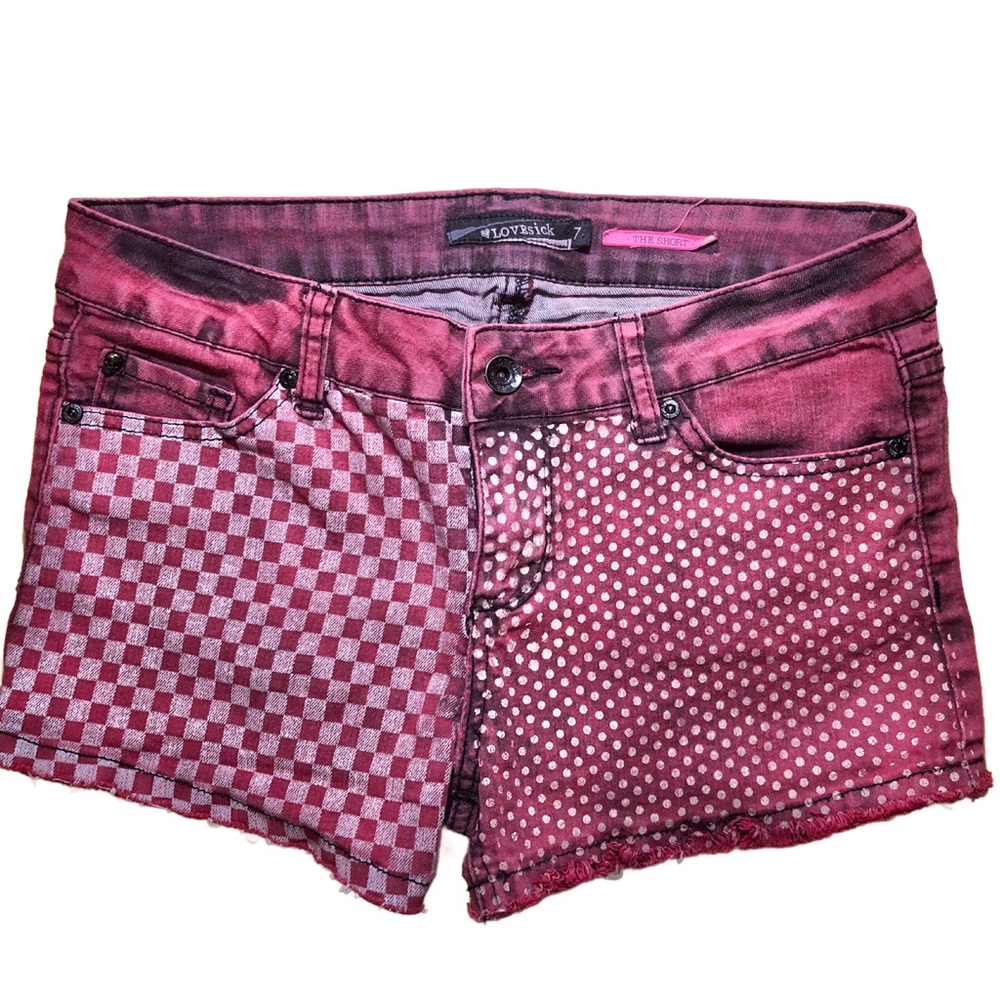 Love Sick Cut Off Red Checkered Shorts Polka Dot Patterned Women’s Junior 7 Punk
